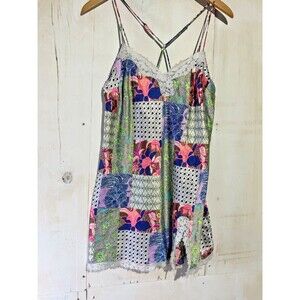 Vtg Y2K Victoria's Secret Satin Babydoll Slip Dress Patchwork Bright Lace Large